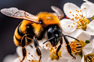 A bumblebee hovering over a natural-colored blossom, its fuzzy body and translucent wings captured in exquisite detail, against the backdrop of the flower's soft hues, creating a visually captivating