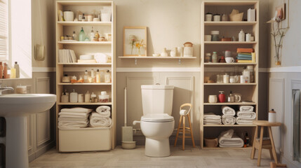 A bathroom with a sink, a toilet, and a few items on the shelves - obrazy, fototapety, plakaty