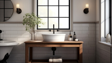 A bathroom with white tiled walls, a black sink, and a wood vanity - obrazy, fototapety, plakaty
