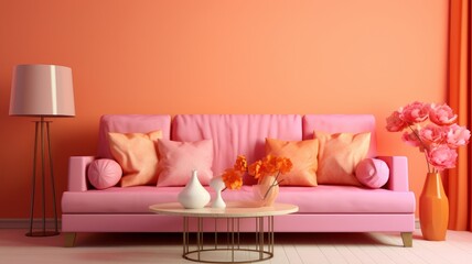 Stylish monochrome interior of modern living room in pastel orange and pink tones. Trendy couch with cushions, floor lamp, coffee table, flowers in a vase. Creative home design. Mockup, 3D rendering.