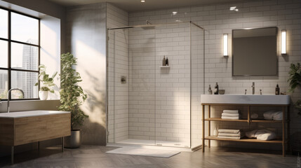 A bathroom with a glass-enclosed walk-in shower, subway tile walls, a floating vanity with a concrete countertop, and a marble accent wall
