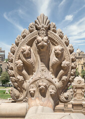 Fototapeta na wymiar Hindu statue of snakes, at the terrace of the historical palace of Baron Empain before restoration, Cairo, Egypt