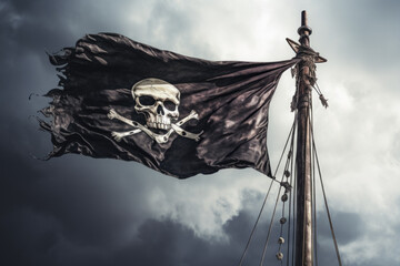 Pirate Flag Hanging From Top Of Mast On Sky Background Created Using Artificial Intelligence