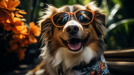 Dog as a Tourist with Camera and Hawaiian Shirt, Exploring the Yard, funny dogs, with copy space