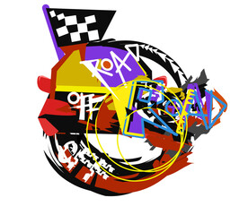 vector illustration Tire tracks, grunge car, truck or motorbike wheel texture and off road text vector illustration.