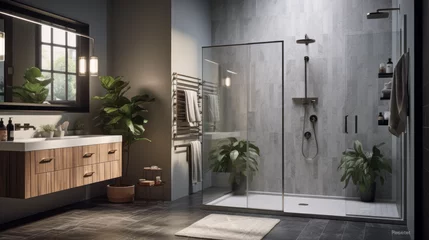 Deurstickers A bathroom with a walk-in shower, dual rainfall showerheads, marble tile accents, a floating vanity with double sinks, and a heated towel rack  © Textures & Patterns