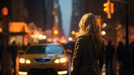 Fototapeten urban woman in the rain in the city at night © tetxu