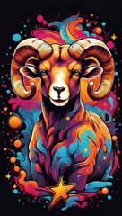 Illustration of a male goat with a fantasy theme and colorful smoke galaxy 5