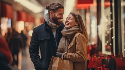 wedding couple shopping in stores for christmas
