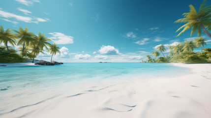 Fototapeta na wymiar A beach with white sand and turquoise waters, surrounded by palm trees