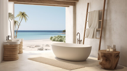 A beachfront bathroom with a freestanding bathtub, driftwood accents, and ocean view