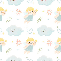 Cute kawaii cartoon  Christmas seamless pattern with little angel , doodle hand drawn water colour  illustration.