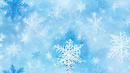 Snowflakes and frost crystals. Seamless Winter texture background. Tiled repeatable pattern for cold frosty season.