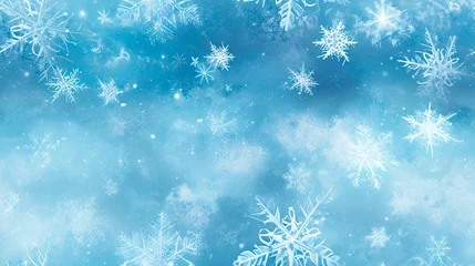 Fotobehang Snowflakes and frost crystals. Seamless Winter texture background. Tiled repeatable pattern for cold frosty season. © henjon