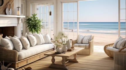 A beachfront cottage living room with wicker furniture, seashell decor, and ocean view - obrazy, fototapety, plakaty