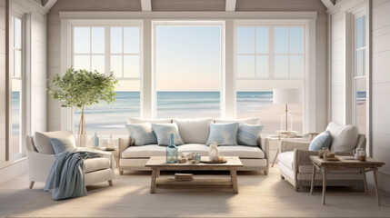 A beachfront living room with expansive windows, nautical decor, and direct beach access 