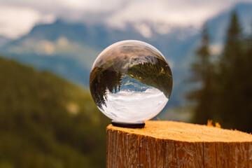 Crystal ball alpine summer landscape shot at Mount Klausberg, Ahrntal valley, Pustertal, Trentino, Bozen, South Tyrol