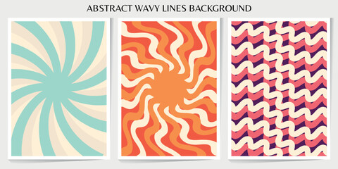 Set of abstract wavy lines seamless pattern. Sunburst, swirl, grunge, waves retro groovy color for vintage vibes poster. Flat vector background isolated.