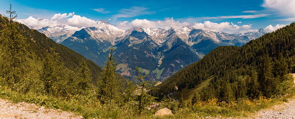 Naklejka na ściany i meble High resolution stitched alpine summer panorama at Mount Klausberg, Ahrntal valley, Pustertal, Trentino, Bozen, South Tyrol