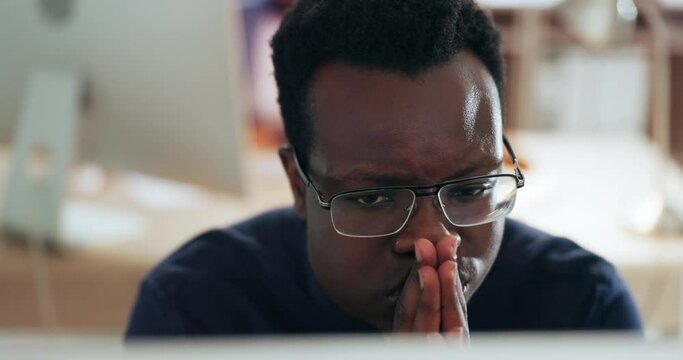 Business, anxiety and nervous black man in office with stress for audit, tax or proposal review. Waiting, face and African male manager with worry, fear or crisis, mistake or startup fail disaster