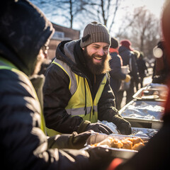 volunteers distribute food to needy and homeless people - obrazy, fototapety, plakaty