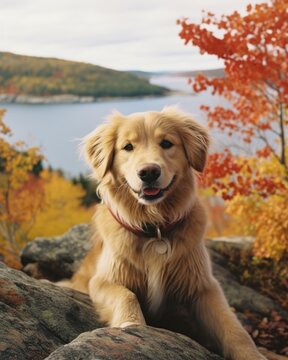 This stunning autumn portrait of a majestic retriever atop a rock surrounded by colorful fall foliage and a picturesque mountain backdrop creates a captivating image of the beauty and grace of nature
