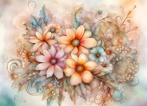 Watercolor style image with a bouquet of garden flowers on soft pastel background. Floral botanical herbal texture. Amazing digital illustration. CG Artwork Background