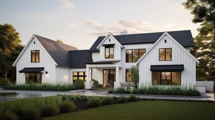 A Brand New White Contemporary Farmhouse with a Dark Shingled Roof and Black Windows