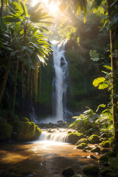 Waterfall in tropical rainforest in warm light AI Image Generation.