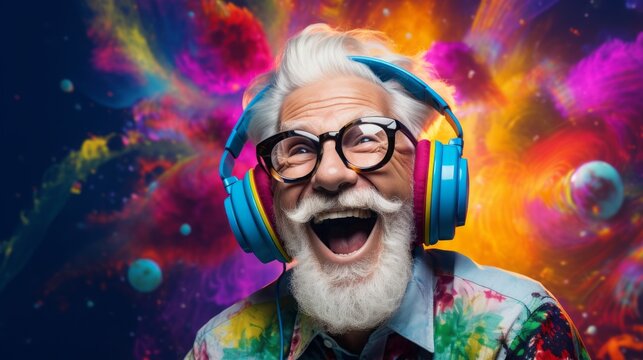 Close up of smiling grandfather with headphones listening to music. The man is wearing a colorful T-shirt. Grandpa isolated on colorful background.