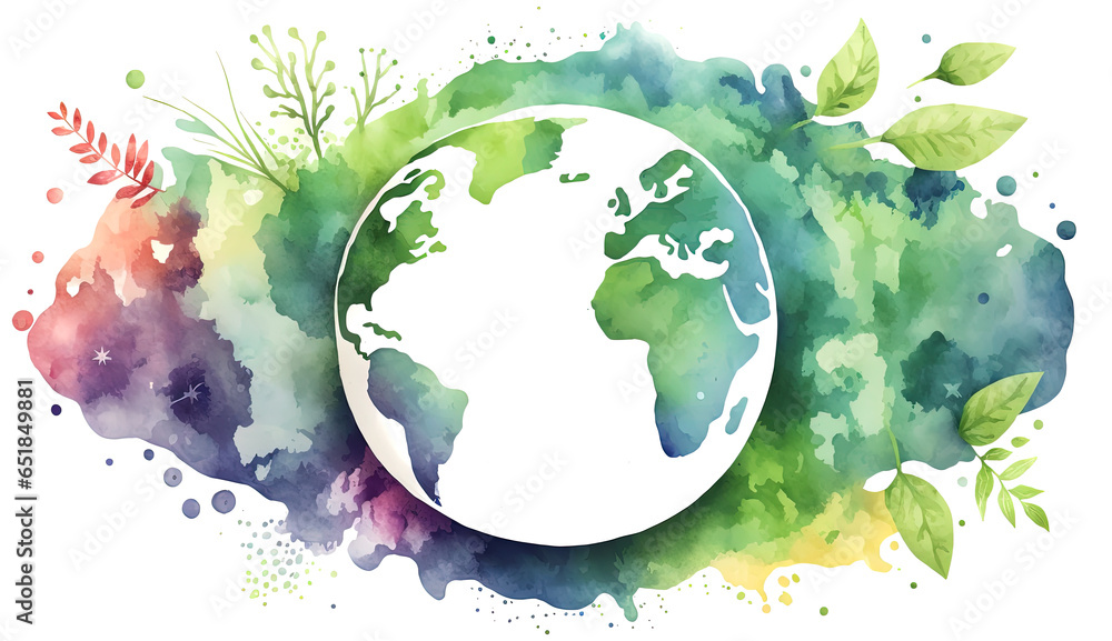 Wall mural green planet earth in watercolor style