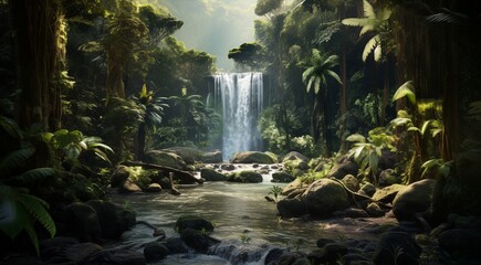 waterfall in forest, waterfall in the jungle, tropical landscape in the jungle, plants and green trees in the jungle, waterfall with lake in the forest - obrazy, fototapety, plakaty