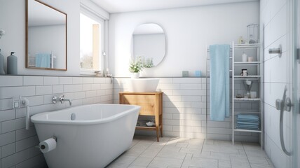 Interior of modern luxury scandi bathroom with window and white walls. Free standing bathtub, wash basin on wooden countertop, wall mirrors. Contemporary home design. 3D rendering.