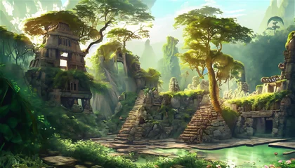 Rolgordijnen Bedehuis Forest Mayan style ancient culture. Mayan civilization forest cave. Concept art illustration painting of a beautiful ancient temple in the jungle.