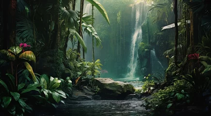 Tuinposter waterfall in forest, waterfall in the jungle, tropical landscape in the jungle, plants and green trees in the jungle, waterfall with lake in the forest © Gegham