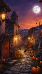 Fiesta de halloween en un pueblo aterrador por la noche y luna llena - obrazy, fototapety, plakaty