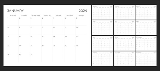 2024 Calendar Printable start from monday - obrazy, fototapety, plakaty