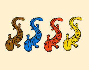 Chinese giant salamander, Andrias davidianus. Salamander vector design, salamanders of various colors