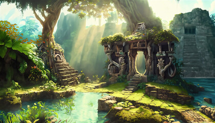 Forest Mayan style ancient culture. Mayan civilization forest cave. Concept art illustration painting of a beautiful ancient temple in the jungle. - obrazy, fototapety, plakaty