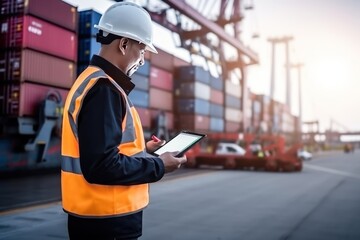 Portrait of a Caucasian industrial engineer in white hard hat and working on tablet PC. Foreman or Supervisor in container terminal.