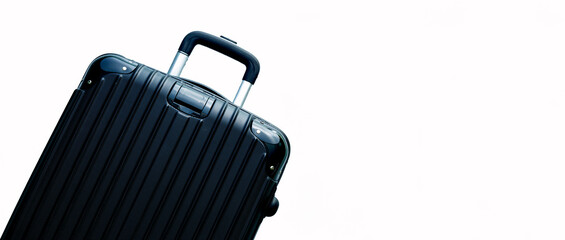 Black suitcase isolated on white background,Black Trolley Bag Isolated on White Background. Zipperless Hand Luggage Bag. Vip Trolley Bag. Trolley Travel Bag. Spinner Trunk. Wheeled Luggage. Side View 