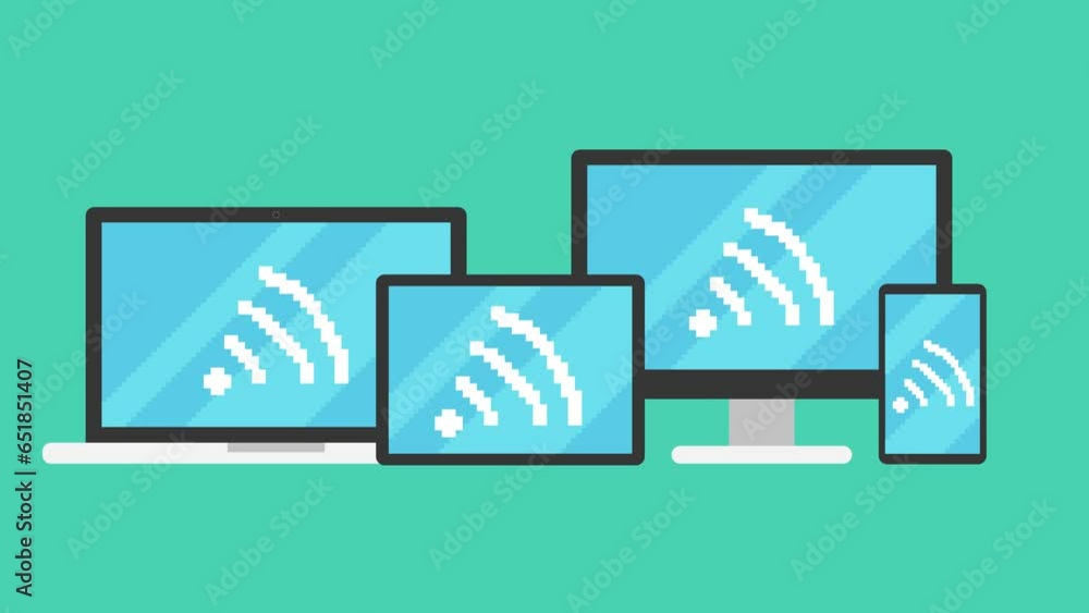 Poster animation of devices connected to each other via wifi. a wifi connection symbol appears on the table