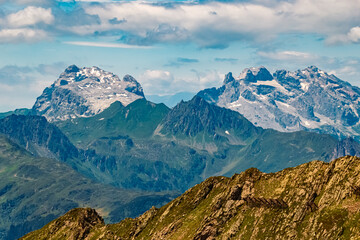 Fototapeta na wymiar Alpine summer view at Mount Kreuzjoch, Schruns, Bludenz, Montafon, Vorarlberg, Austria