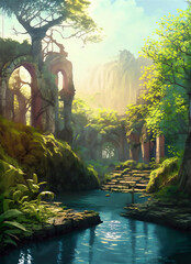 Forest Mayan style ancient culture. Mayan civilization forest cave. Concept art illustration painting of a beautiful ancient temple in the jungle.