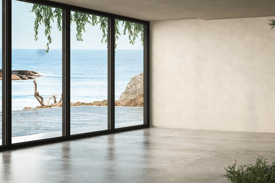 Sea view empty large living room of luxury summer beach house with swimming pool near terrace. Big beige wall background in vacation home or holiday villa.  3d Rendering