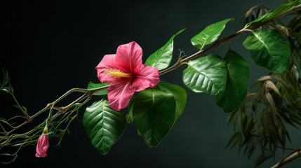 A beautiful tropical vine with long thin leaves and a single pink flower - obrazy, fototapety, plakaty