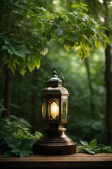 an Arabic lantern stands on the wooden podium with green leaves background