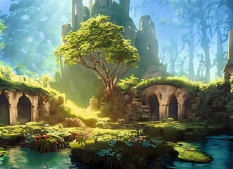 Forest Mayan style ancient culture. Mayan civilization forest cave. Concept art illustration painting of a beautiful ancient temple in the jungle.