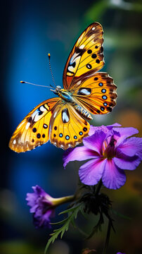 Realistic vibrant butterfly perches on a Macedonia flower branch natural blurred background.