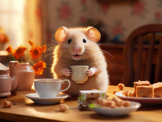hamster in his house sitting at the table and drinking tea with treats